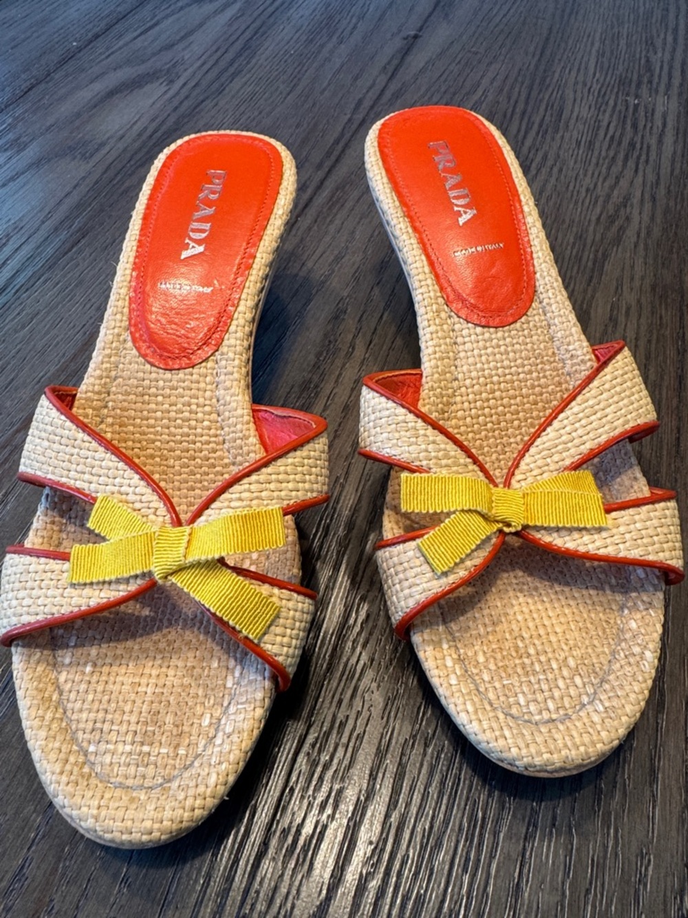 Prada Beige Raffia Slide Mules with Yellow Bow and Coral Trim - Picture 3 of 14